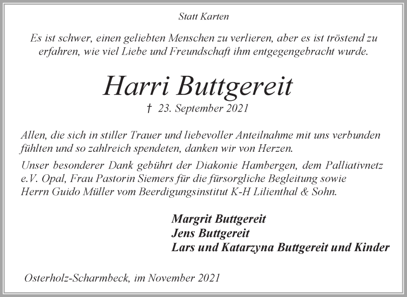  Traueranzeige für Harri Buttgereit vom 13.11.2021 aus Osterholzer Kreisblatt