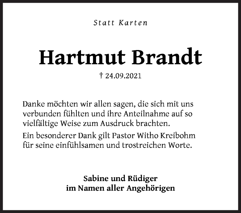  Traueranzeige für Hartmut Brandt vom 13.11.2021 aus Die Norddeutsche