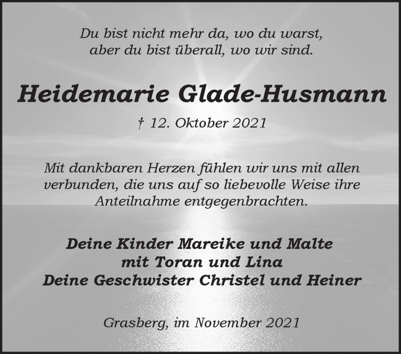  Traueranzeige für Heidemarie Glade-Husmann vom 17.11.2021 aus Wuemme Zeitung