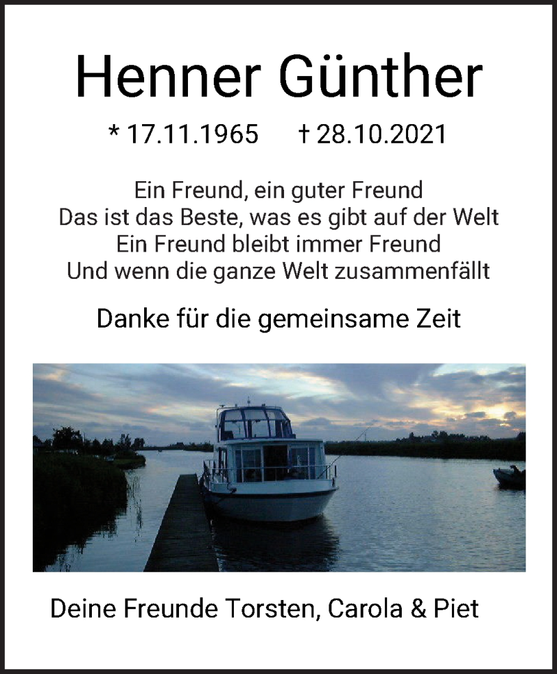  Traueranzeige für Henner Günther vom 19.11.2021 aus Die Norddeutsche