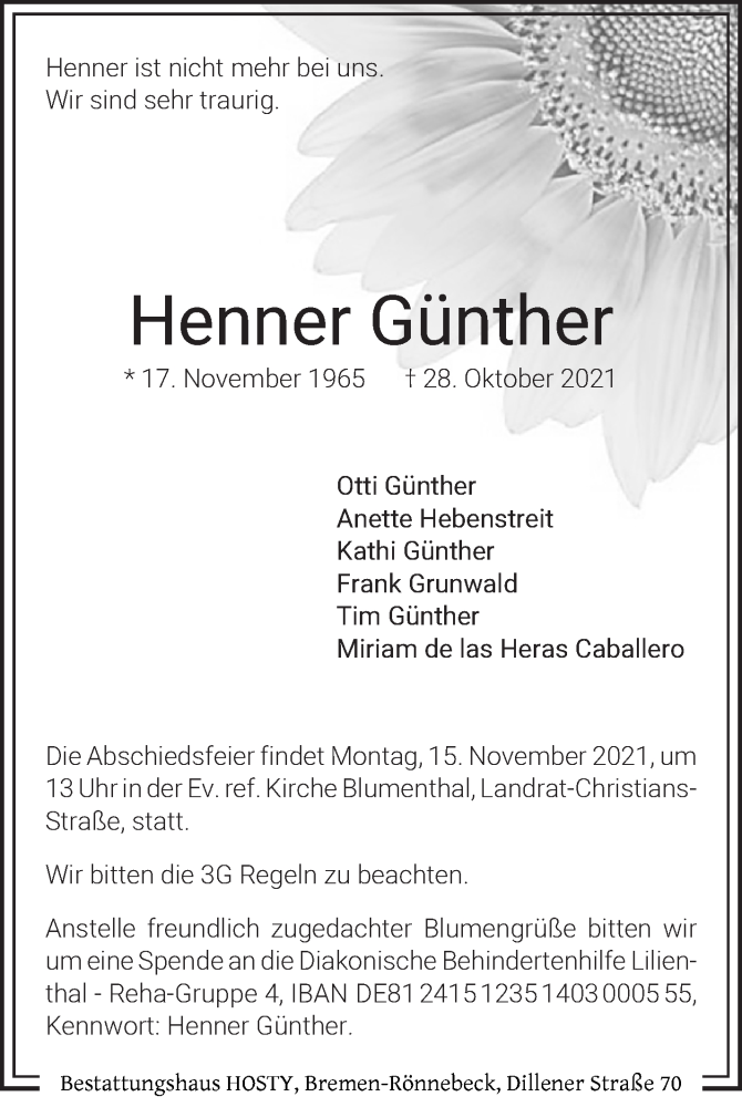  Traueranzeige für Henner Günther vom 06.11.2021 aus WESER-KURIER