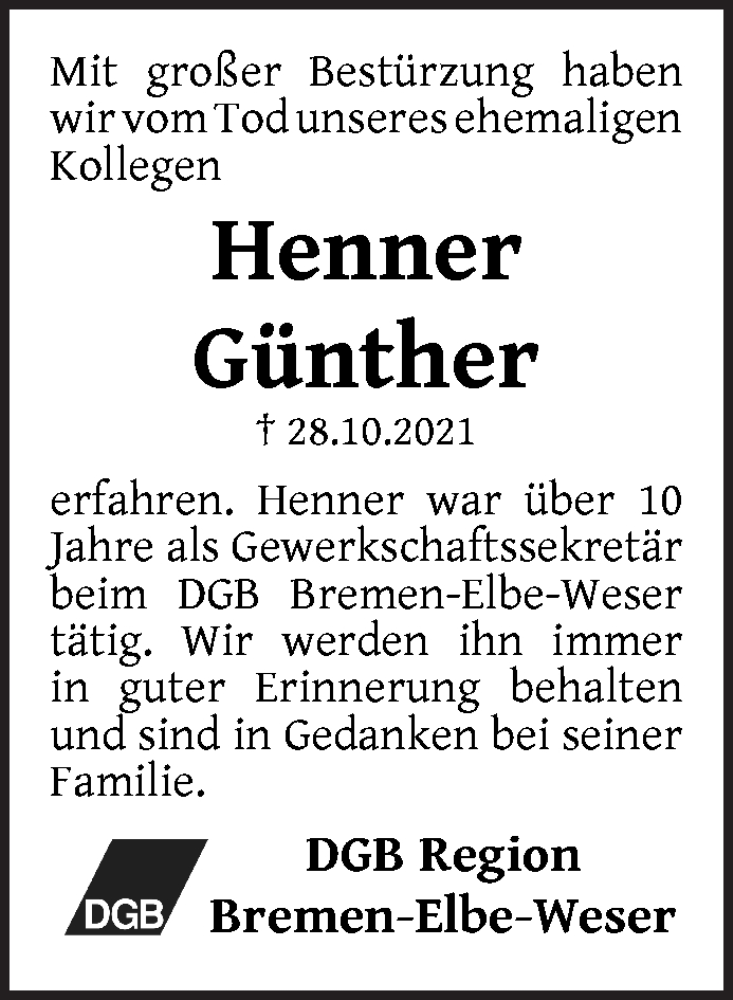  Traueranzeige für Henner Günther vom 06.11.2021 aus WESER-KURIER