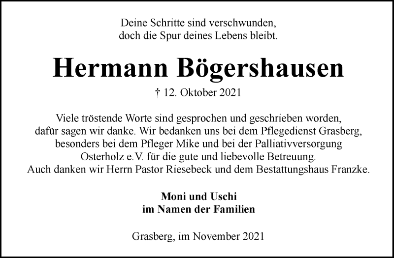  Traueranzeige für Hermann Bögershausen vom 27.11.2021 aus Wuemme Zeitung