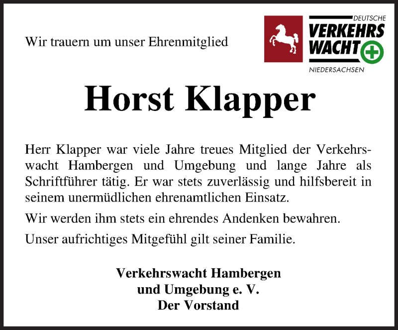 Traueranzeige von Horst Klapper von Osterholzer Kreisblatt