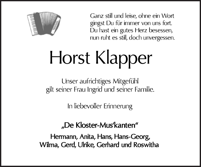 Traueranzeige von Horst Klapper von Osterholzer Kreisblatt