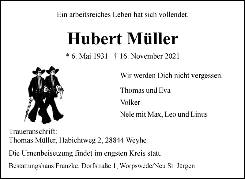  Traueranzeige für Hubert Müller vom 27.11.2021 aus Wuemme Zeitung