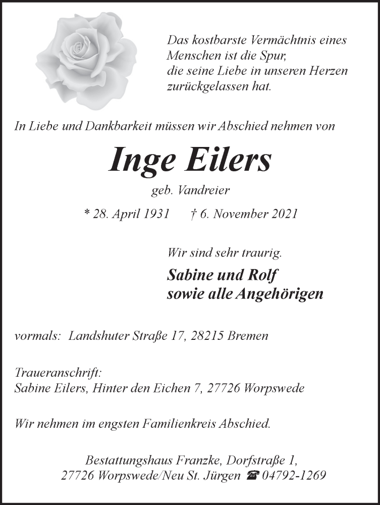  Traueranzeige für Inge Eilers vom 13.11.2021 aus WESER-KURIER