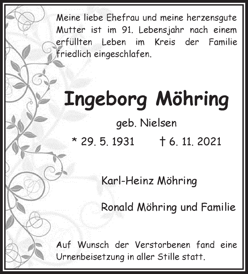 Traueranzeige von Ingeborg Möhring von WESER-KURIER