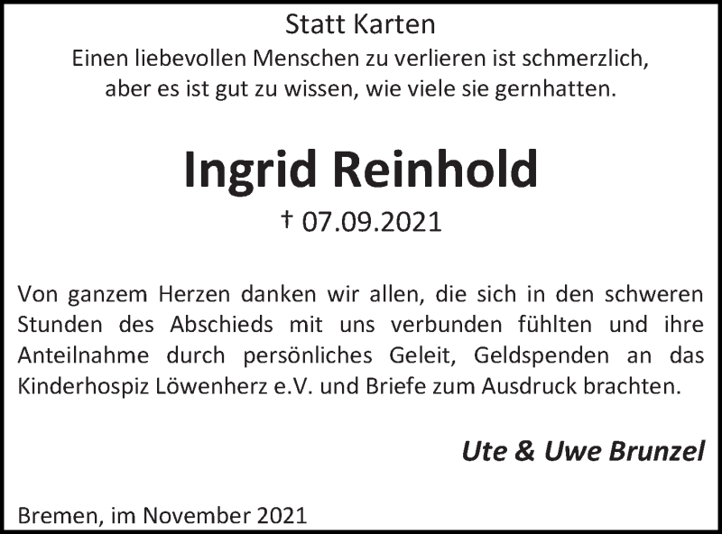 Traueranzeige von Ingrid Reinhold von WESER-KURIER