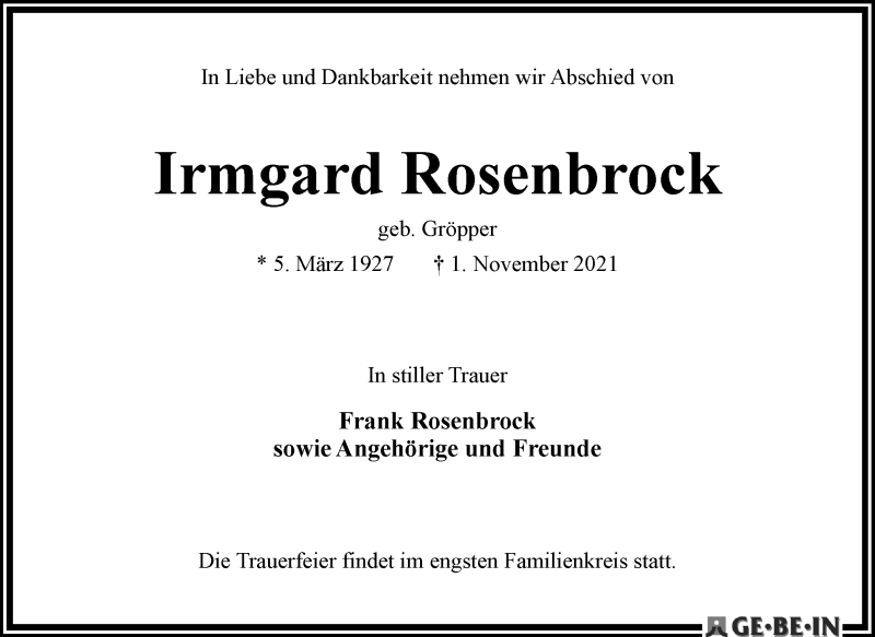  Traueranzeige für Irmgard Rosenbrock vom 20.11.2021 aus WESER-KURIER