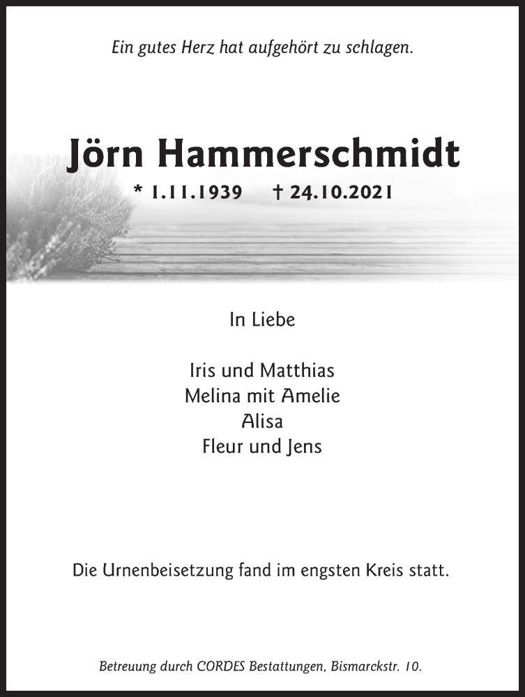  Traueranzeige für Jörn Hammerschmidt vom 13.11.2021 aus WESER-KURIER