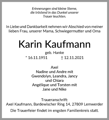 Traueranzeige von Karin Kaufmann von Die Norddeutsche
