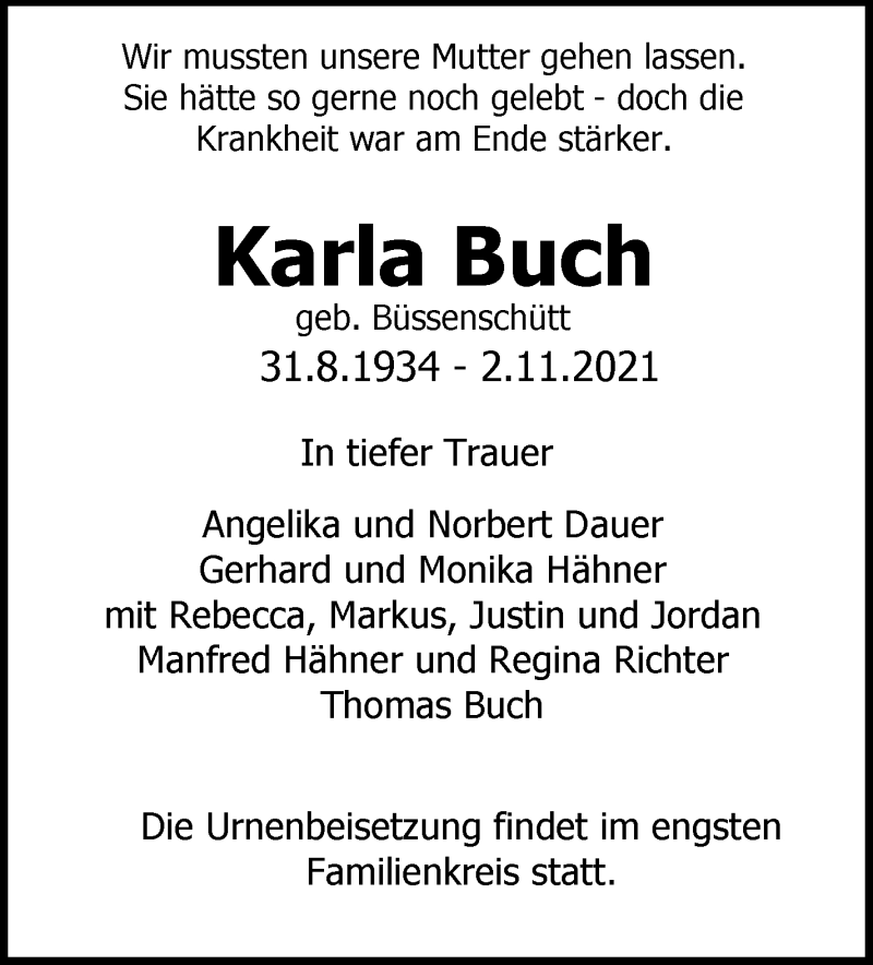  Traueranzeige für Karla Buch vom 17.11.2021 aus WESER-KURIER