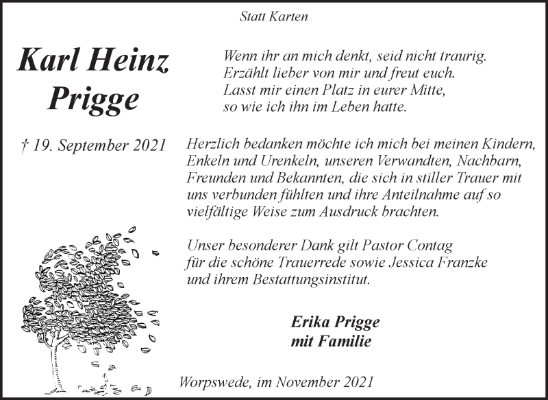  Traueranzeige für Karl Heinz Prigge vom 13.11.2021 aus Wuemme Zeitung