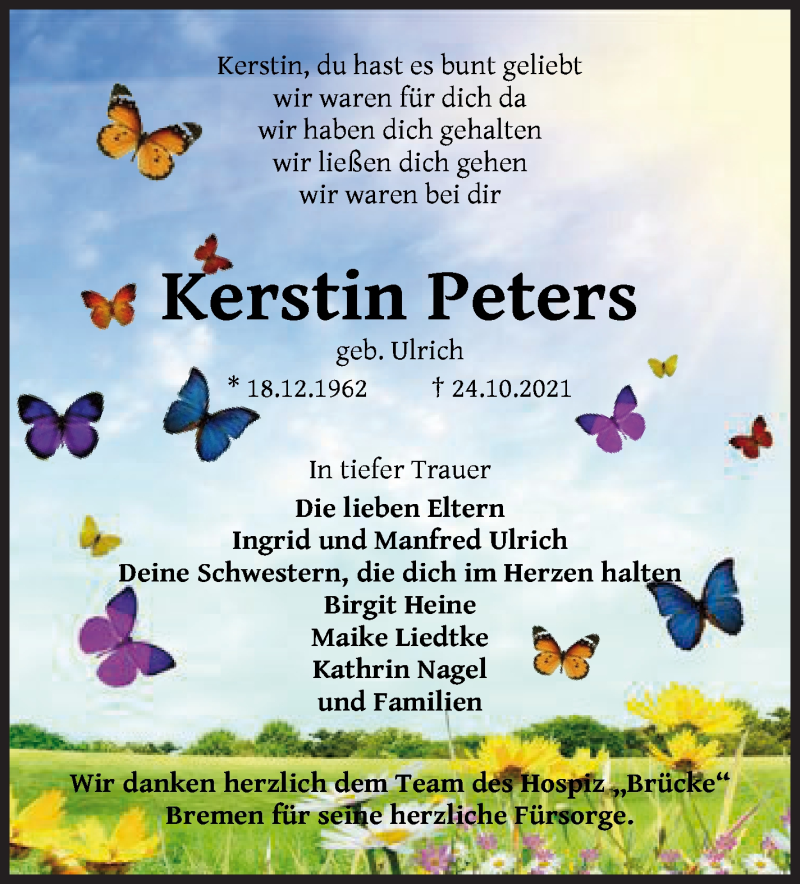  Traueranzeige für Kerstin Peters vom 06.11.2021 aus WESER-KURIER
