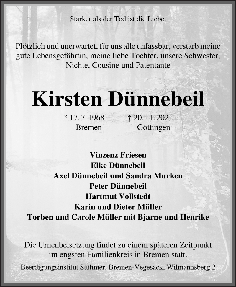  Traueranzeige für Kirsten Dünnebeil vom 27.11.2021 aus Die Norddeutsche