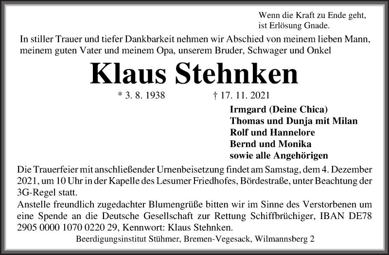  Traueranzeige für Klaus Stehnken vom 27.11.2021 aus Die Norddeutsche