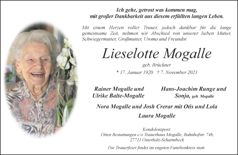 Traueranzeige von Lieselotte Mogalle von Osterholzer Kreisblatt
