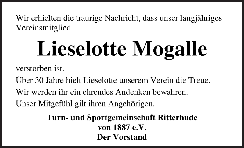 Traueranzeige von Lieselotte Mogalle von Osterholzer Kreisblatt