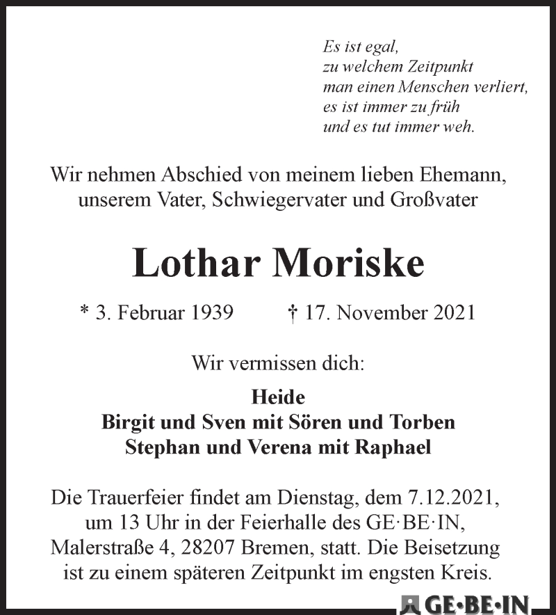 Traueranzeige von Lothar Moriske von WESER-KURIER