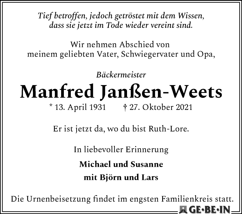  Traueranzeige für Manfred Janßen-Weets vom 06.11.2021 aus WESER-KURIER