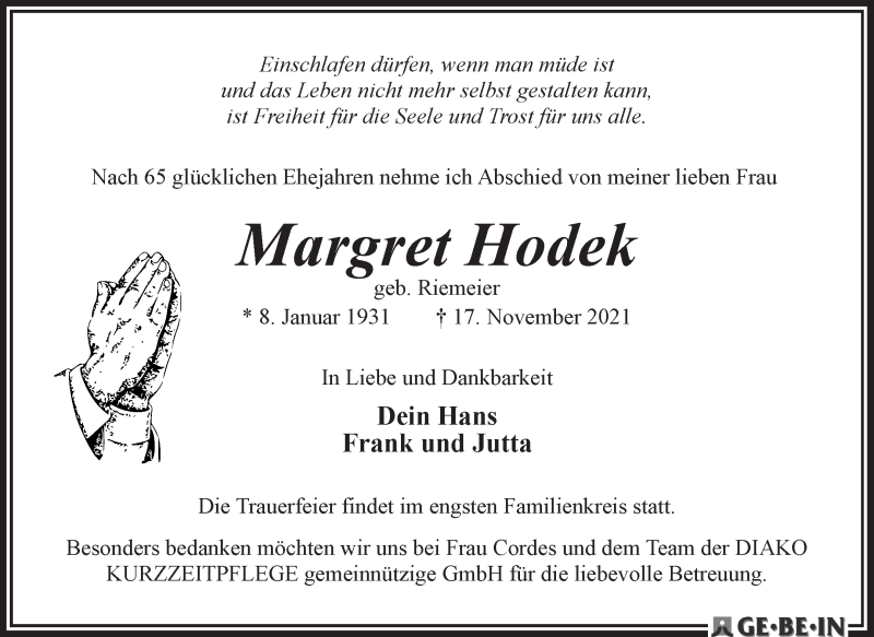  Traueranzeige für Margret Hodek vom 27.11.2021 aus WESER-KURIER