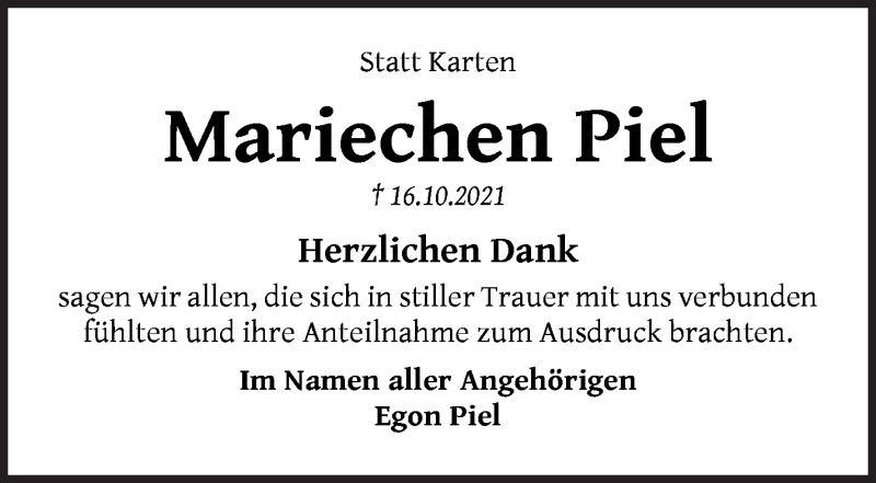 Traueranzeige für Mariechen Piel vom 20.11.2021 aus Die Norddeutsche