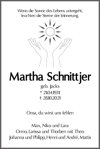 Traueranzeige von Martha Schnittjer von Die Norddeutsche