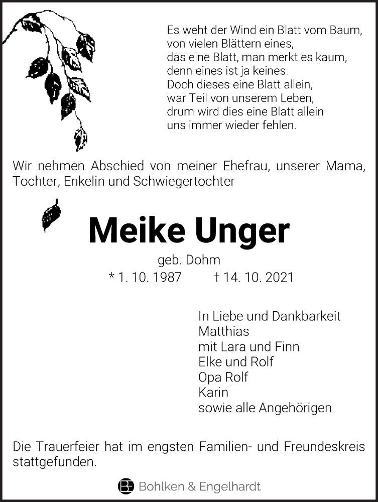  Traueranzeige für Meike Unger vom 20.11.2021 aus WESER-KURIER