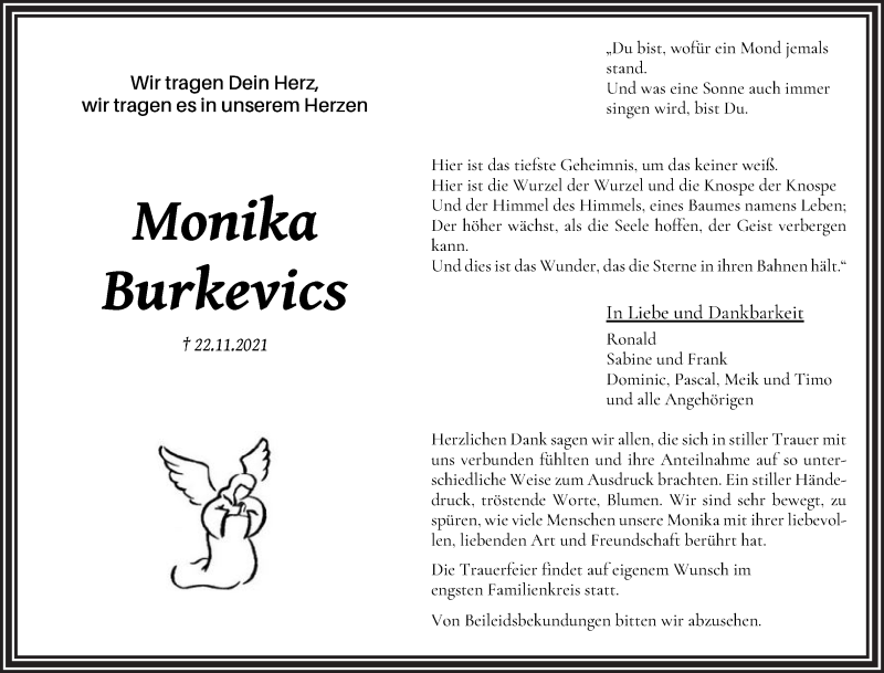 Traueranzeige für Monika Burkevics vom 26.11.2021 aus WESER-KURIER