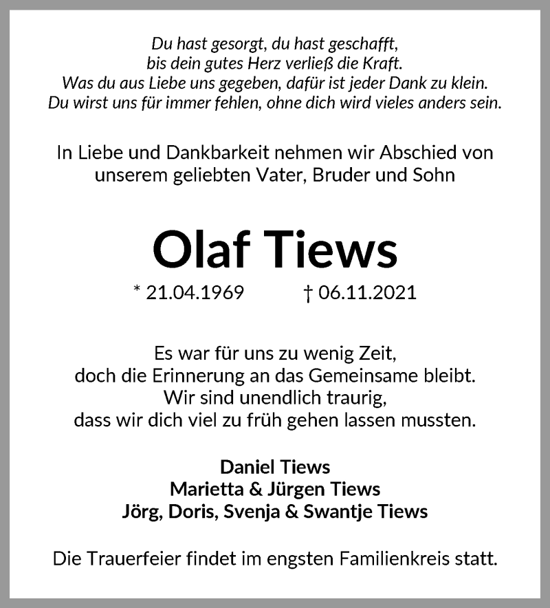  Traueranzeige für Olaf Tiews vom 13.11.2021 aus Wuemme Zeitung
