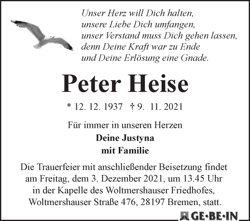 Traueranzeige von Peter Heise von WESER-KURIER