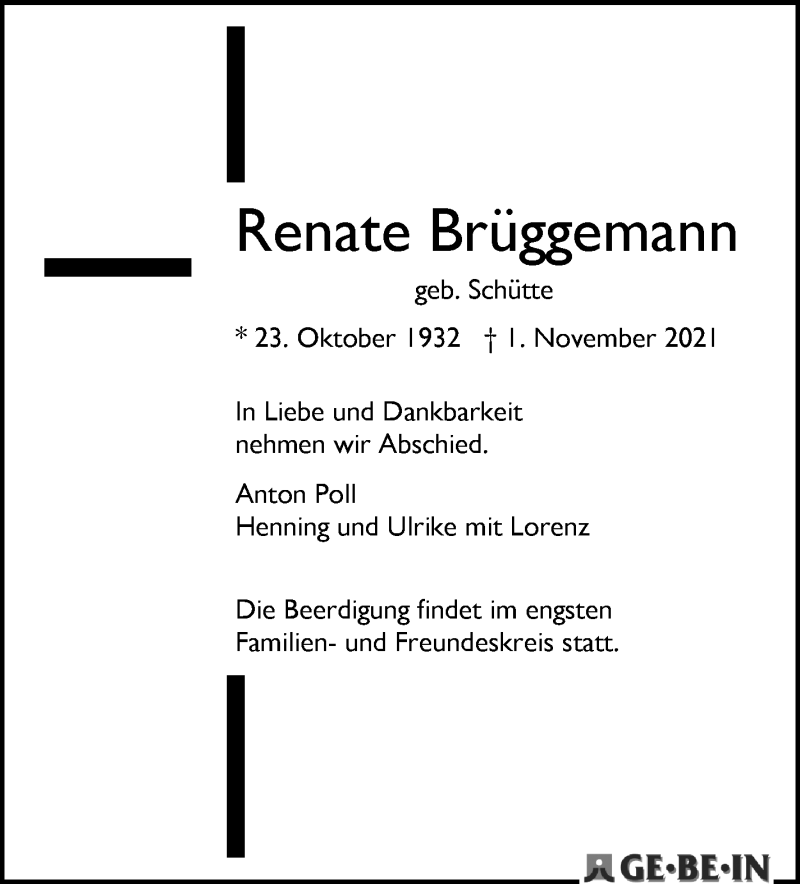 Traueranzeige von Renate Brüggemann von WESER-KURIER