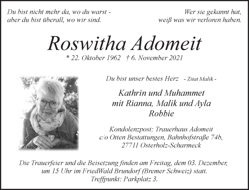  Traueranzeige für Roswitha Adomeit vom 20.11.2021 aus Osterholzer Kreisblatt