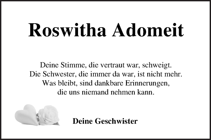  Traueranzeige für Roswitha Adomeit vom 20.11.2021 aus Osterholzer Kreisblatt