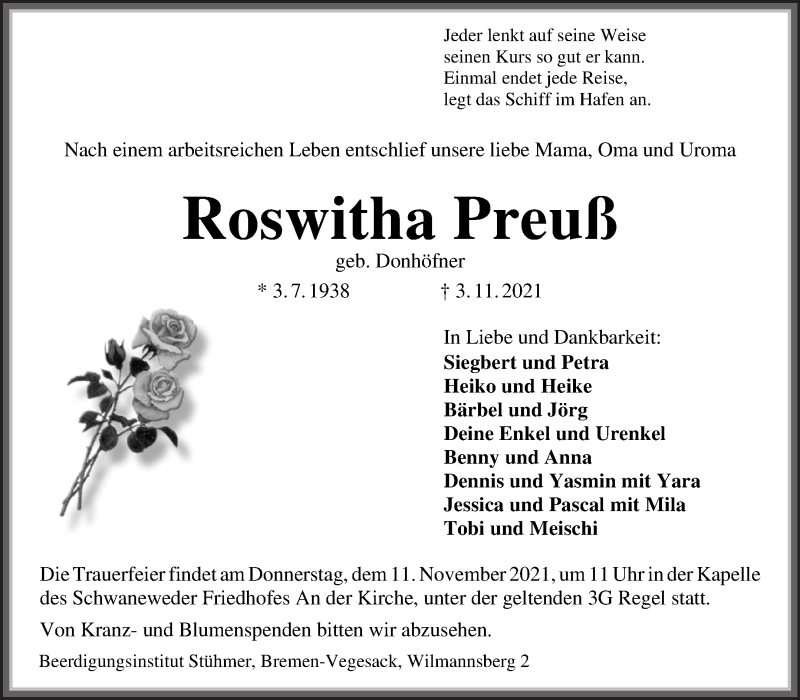 Traueranzeige von Roswitha Preuß von Die Norddeutsche