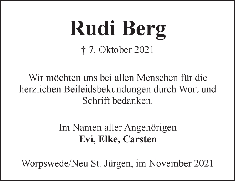  Traueranzeige für Rudi Berg vom 20.11.2021 aus Wuemme Zeitung