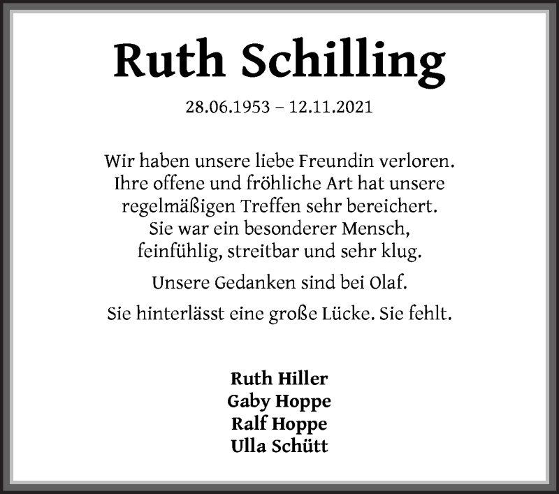  Traueranzeige für Ruth Schilling vom 20.11.2021 aus Die Norddeutsche