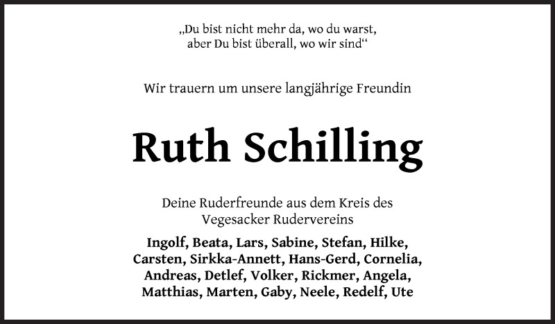  Traueranzeige für Ruth Schilling vom 20.11.2021 aus Die Norddeutsche