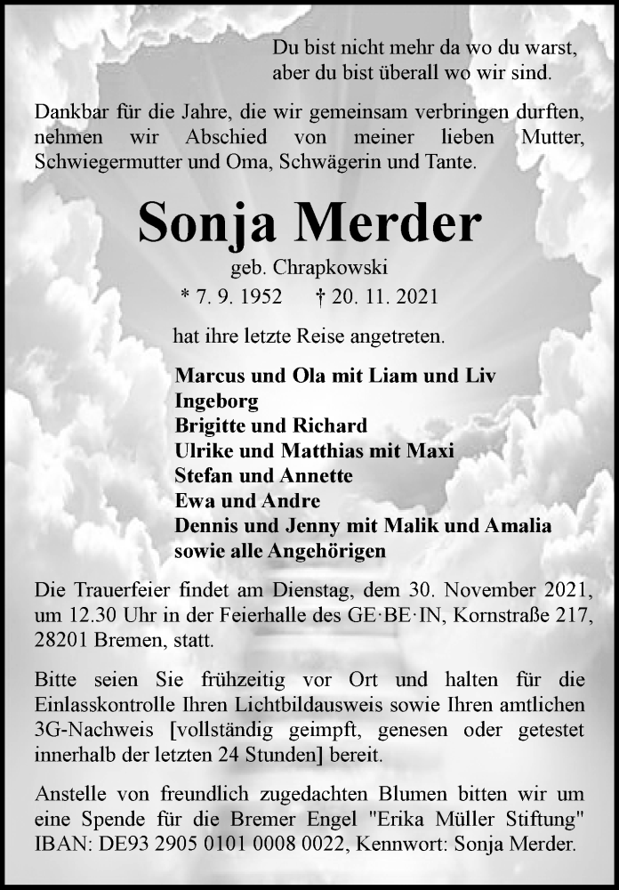 Traueranzeige von Sonja Merder von WESER-KURIER