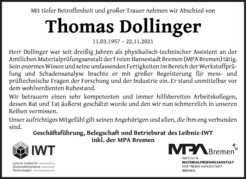  Traueranzeige für Thomas Dollinger vom 30.11.2021 aus WESER-KURIER
