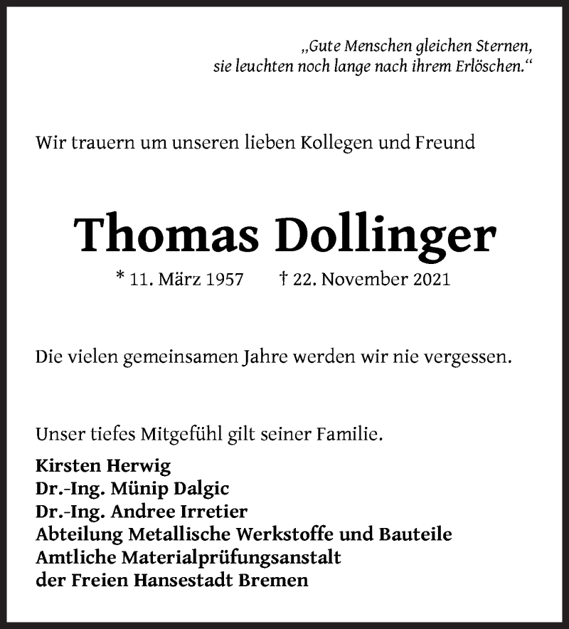  Traueranzeige für Thomas Dollinger vom 30.11.2021 aus Regionale Rundschau/Syker Kurier