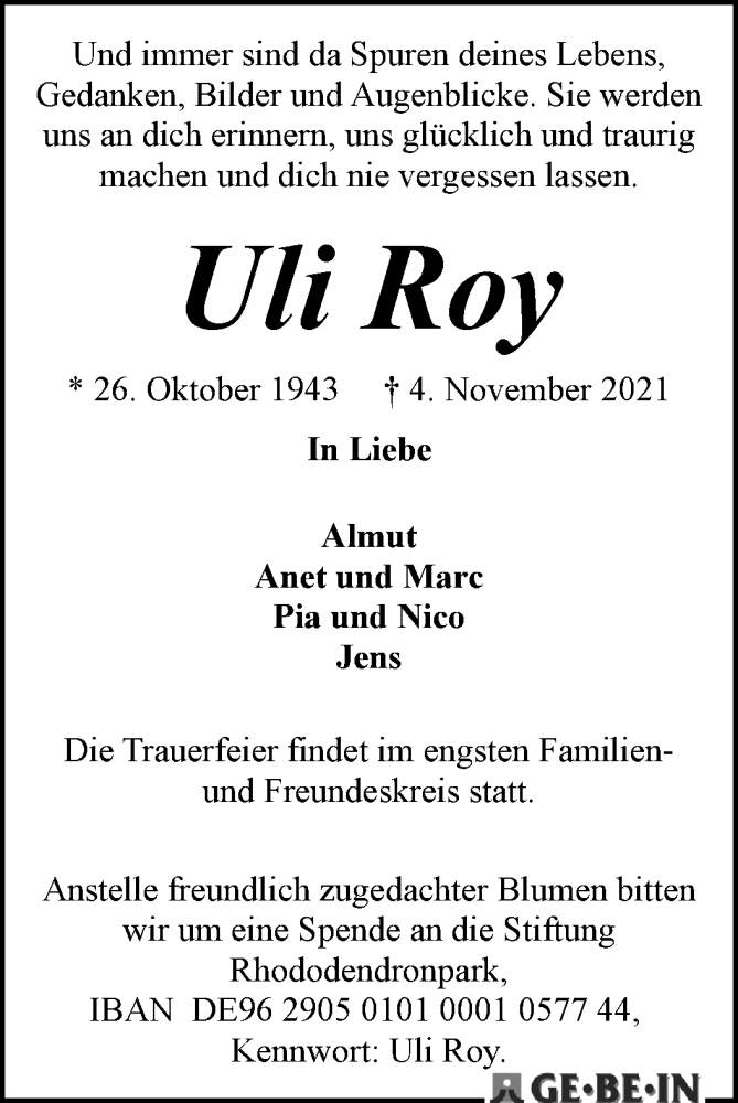 Traueranzeige von Uli Roy von WESER-KURIER