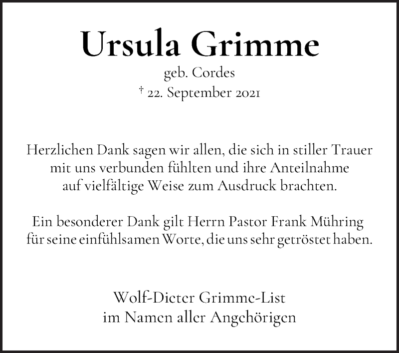  Traueranzeige für Ursula Grimme vom 06.11.2021 aus WESER-KURIER