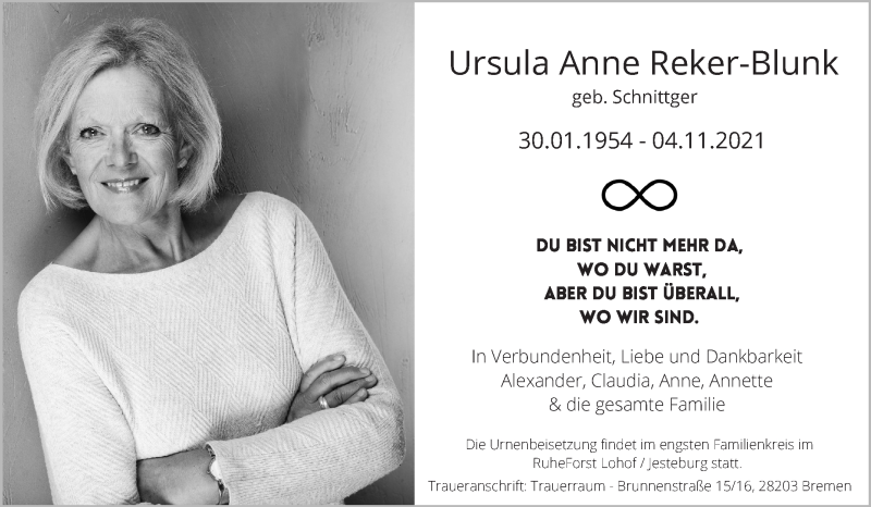  Traueranzeige für Ursula Anne Reker-Blunk vom 13.11.2021 aus WESER-KURIER