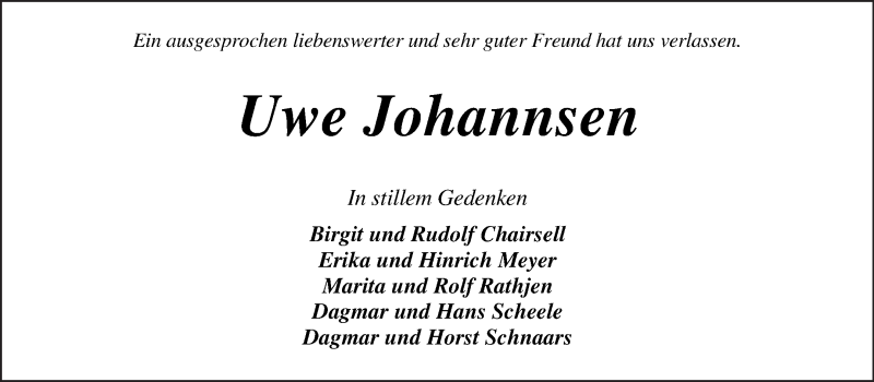  Traueranzeige für Uwe Johannsen vom 27.11.2021 aus WESER-KURIER