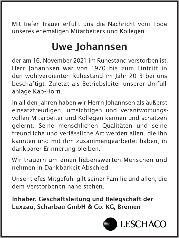  Traueranzeige für Uwe Johannsen vom 27.11.2021 aus WESER-KURIER
