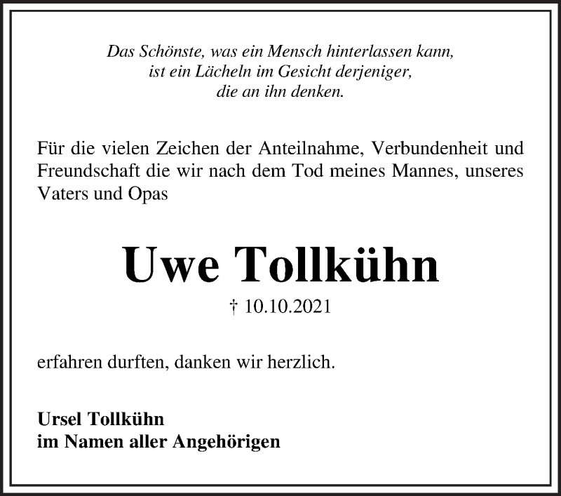  Traueranzeige für Uwe Tollkühn vom 13.11.2021 aus WESER-KURIER