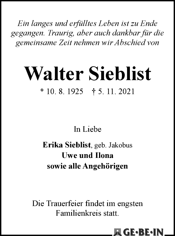  Traueranzeige für Walter Sieblist vom 13.11.2021 aus WESER-KURIER