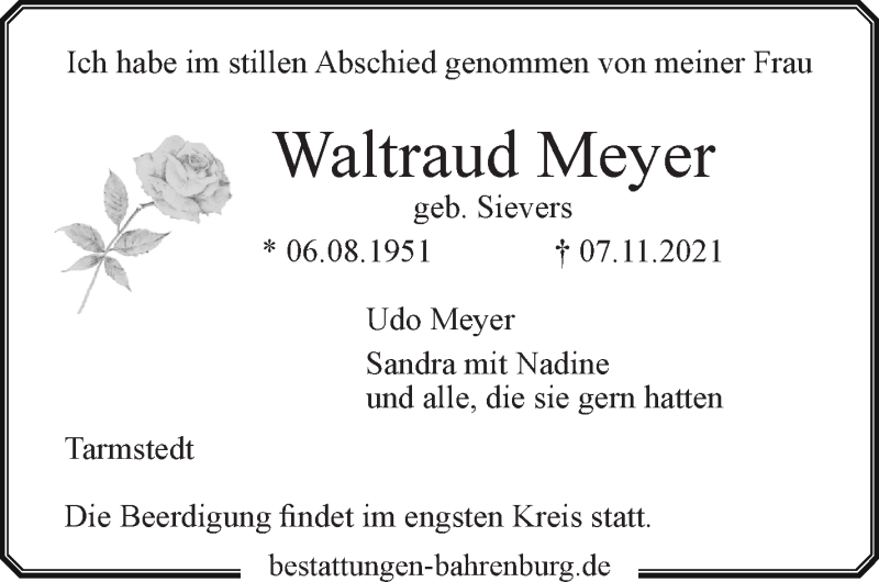 Traueranzeige von Waltraud Meyer von WESER-KURIER